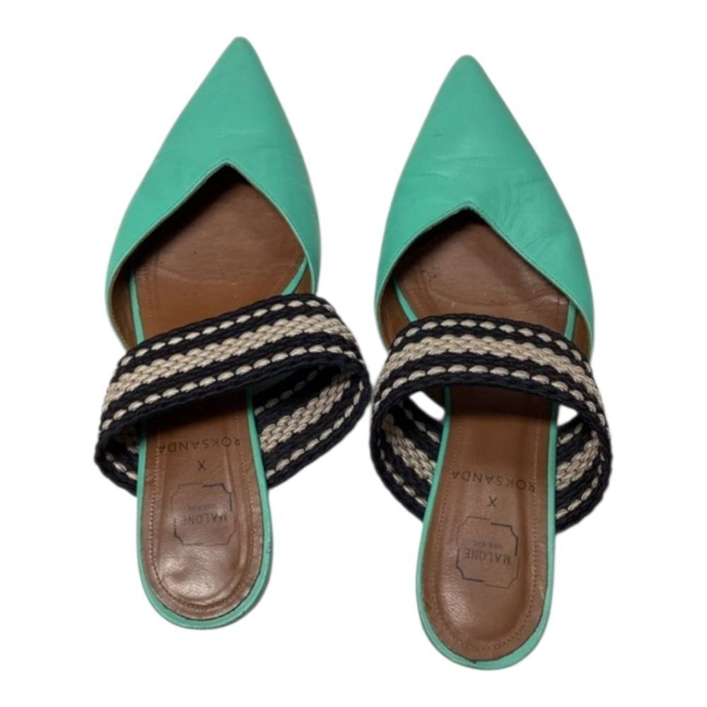 Malone Souliers Green Leather Maisie Pointed Toe Mules‎ with Striped Trim